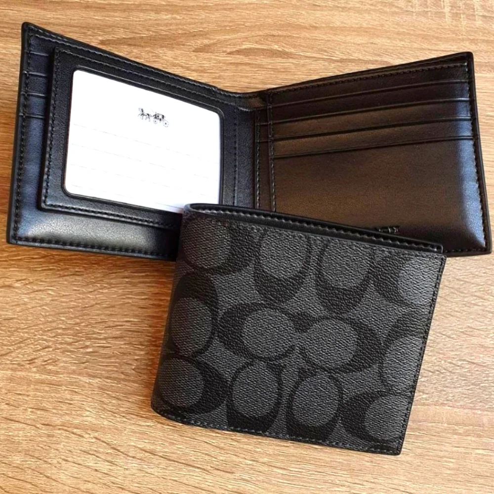 NWT Coach Men Compact Id Wallet In Signature Canvas Black/Charcoal